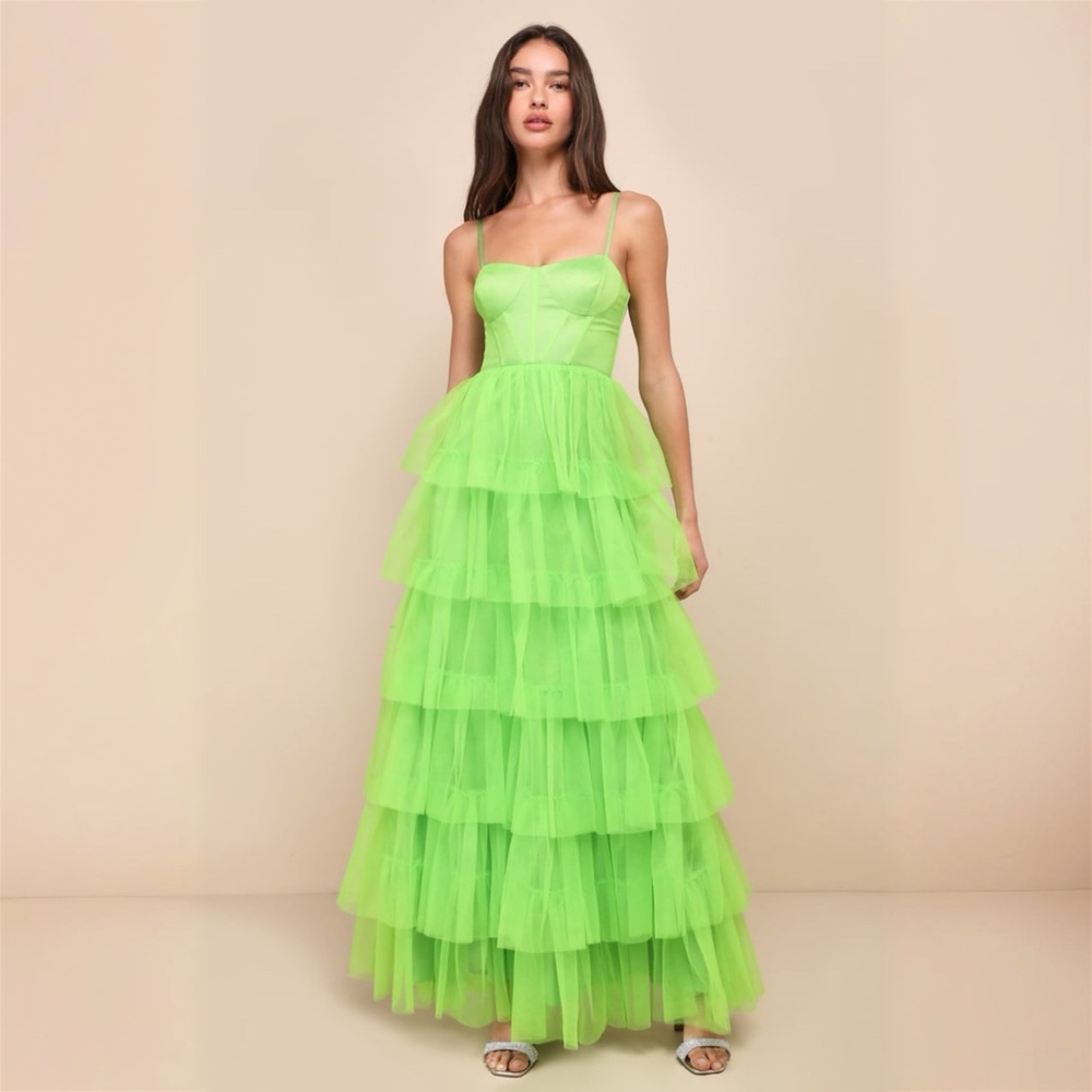 Lulus Rule the Runway Lime Green Tulle Bustier Tiered Maxi Dress Size S